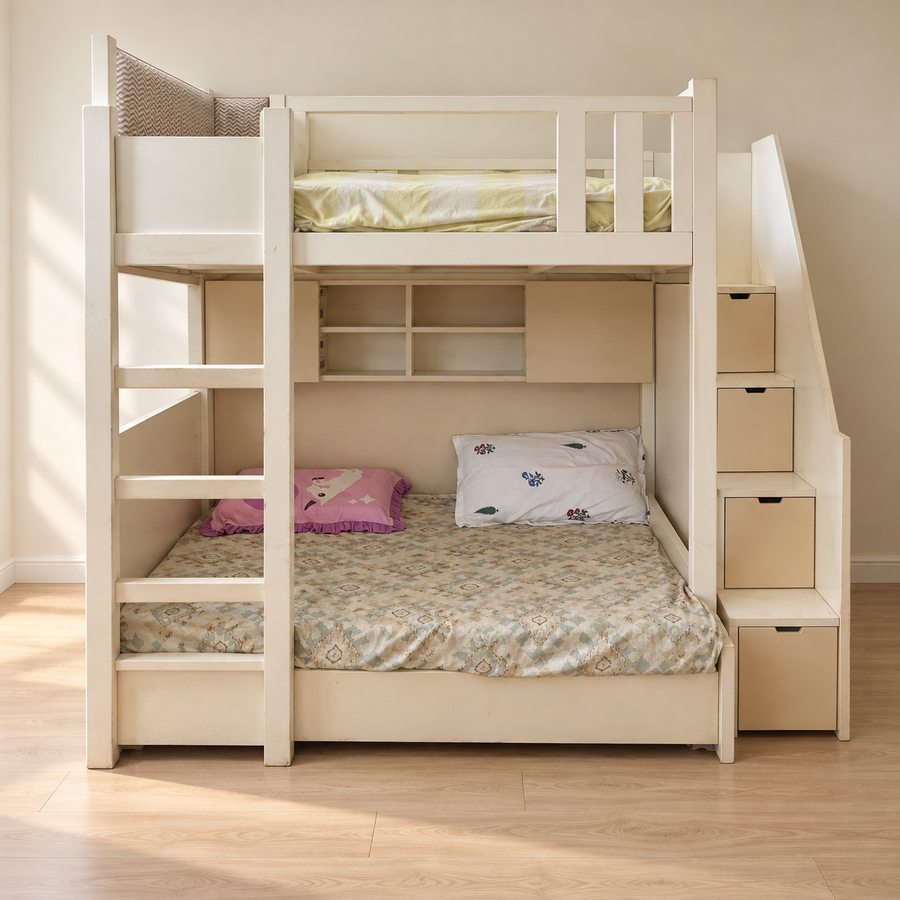 White and Beige Bunk Bed with Storage and Mattresses - Needs Repair in Delhi - hero