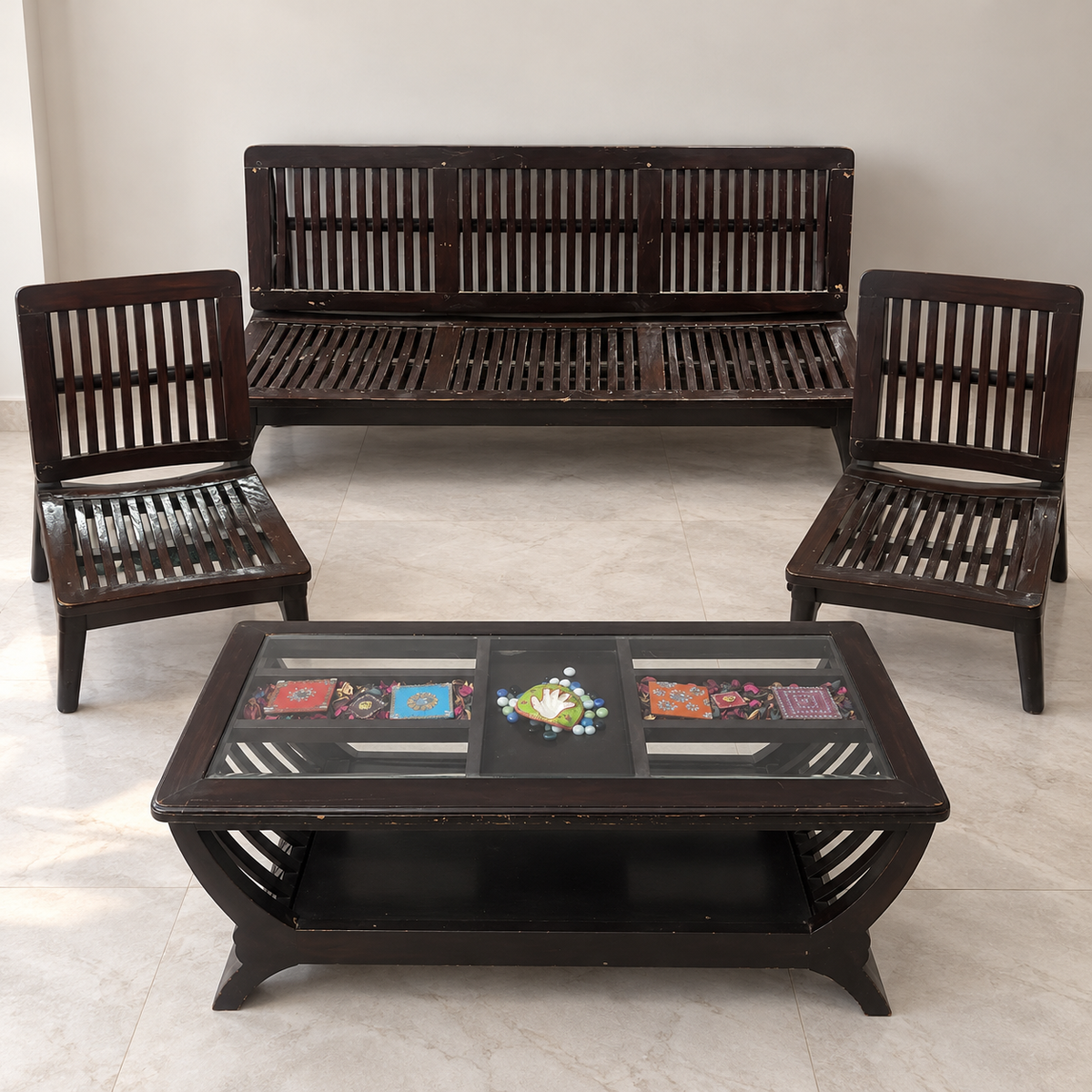 Solid Teak 3+1+1 Sofa Set with Glass Centre Table - used item in Delhi