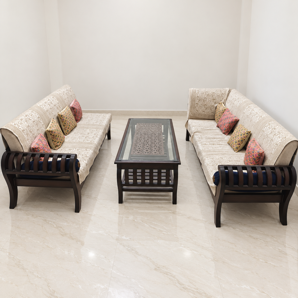 Wooden L-Shaped Sofa Set with Glass-Top Table - hero