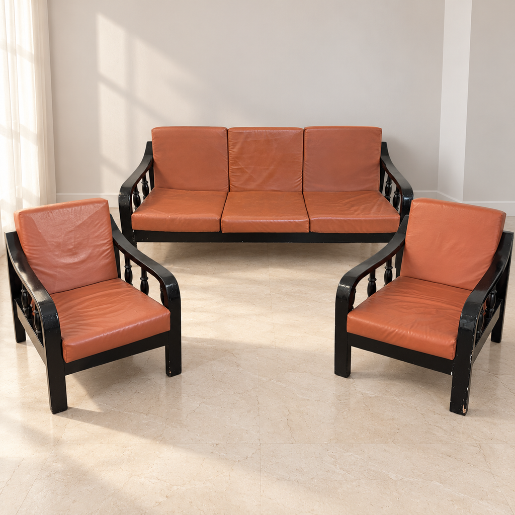 Wooden Sofa Set with Tan Cushions, 3+1+1 in a neutral room