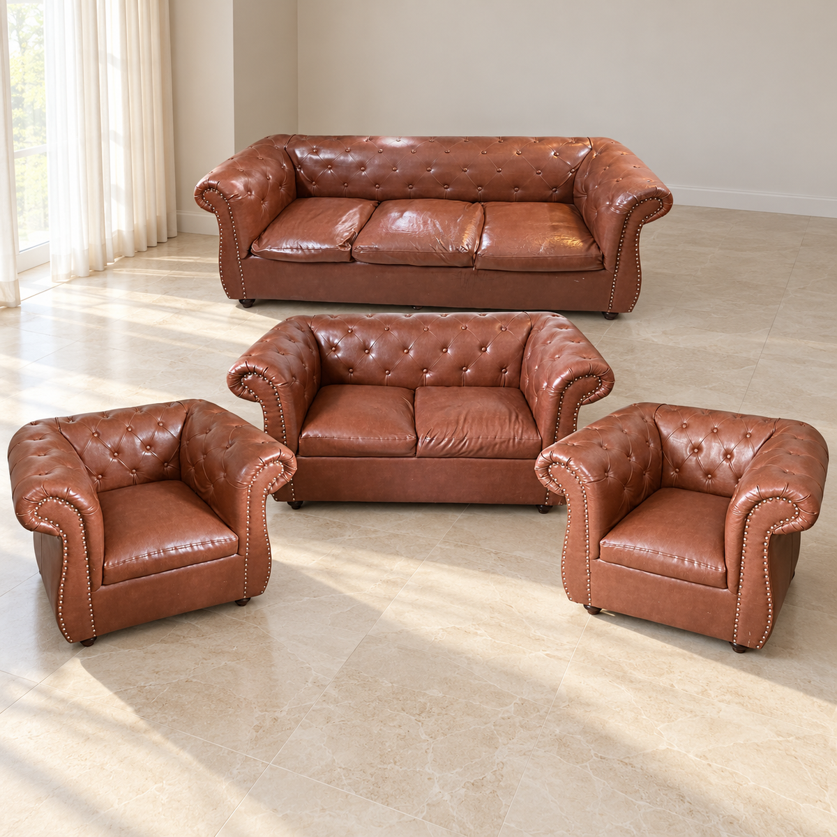 Brown Chesterfield Sofa Set, 3+2+1+1 in a neutral room