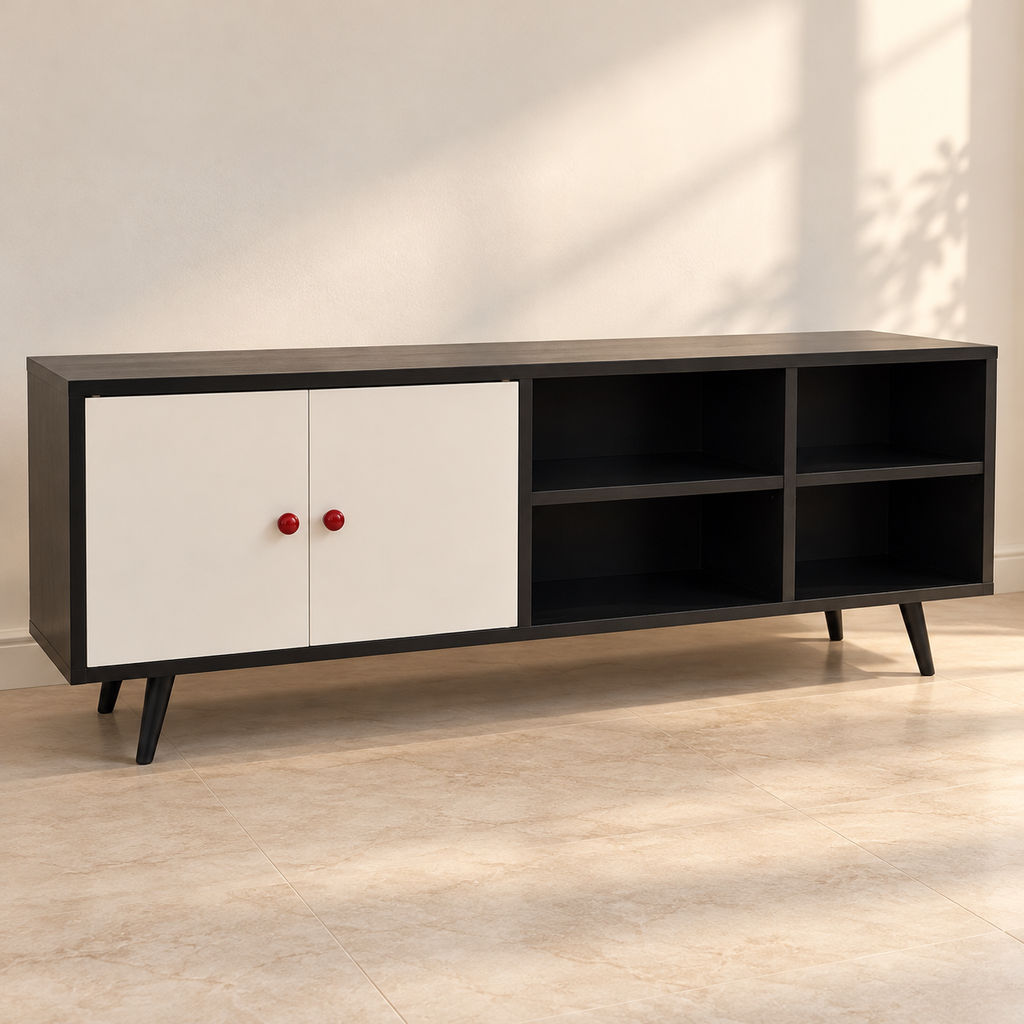 Black and White TV Cabinet with Doors and Open Shelves in a neutral room