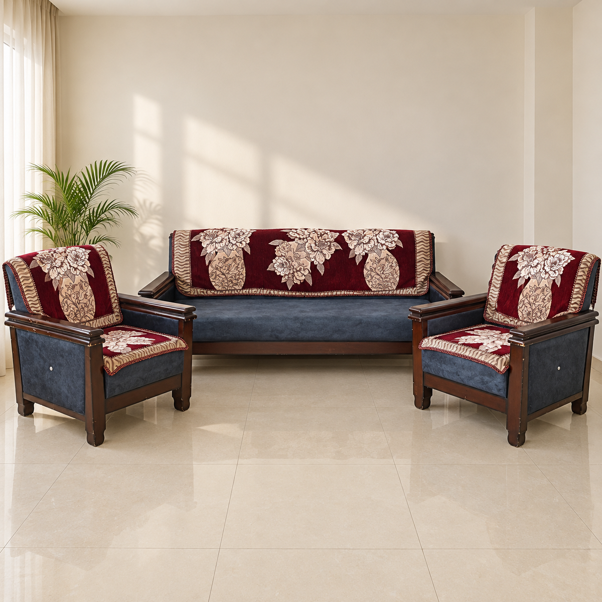 3+1+1 Wooden Sofa Set with Floral Covers - used living room in Delhi - hero