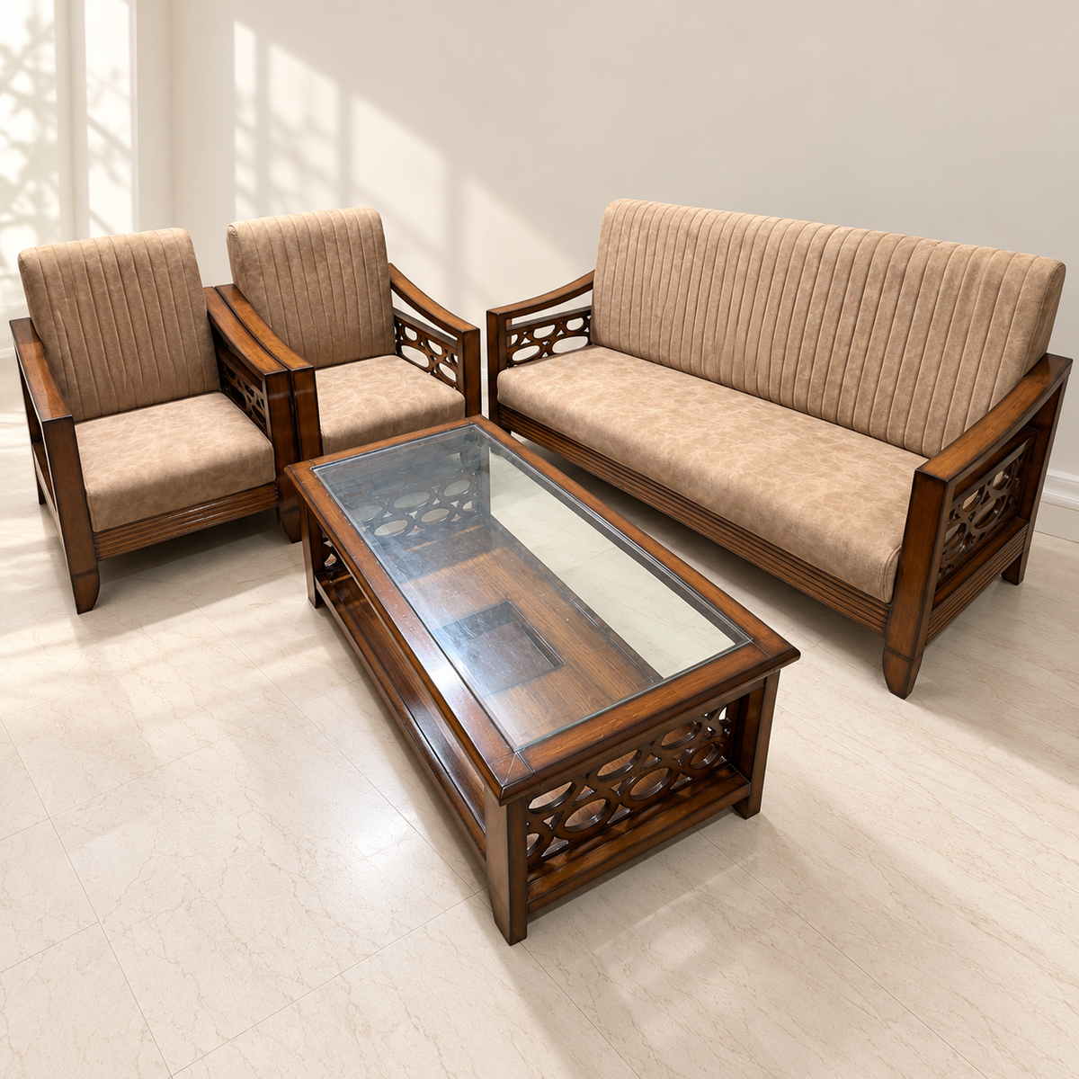 Teak Wood 5-Seater Sofa Set (3+1+1) with Glass Top Centre Table - faithful resale hero