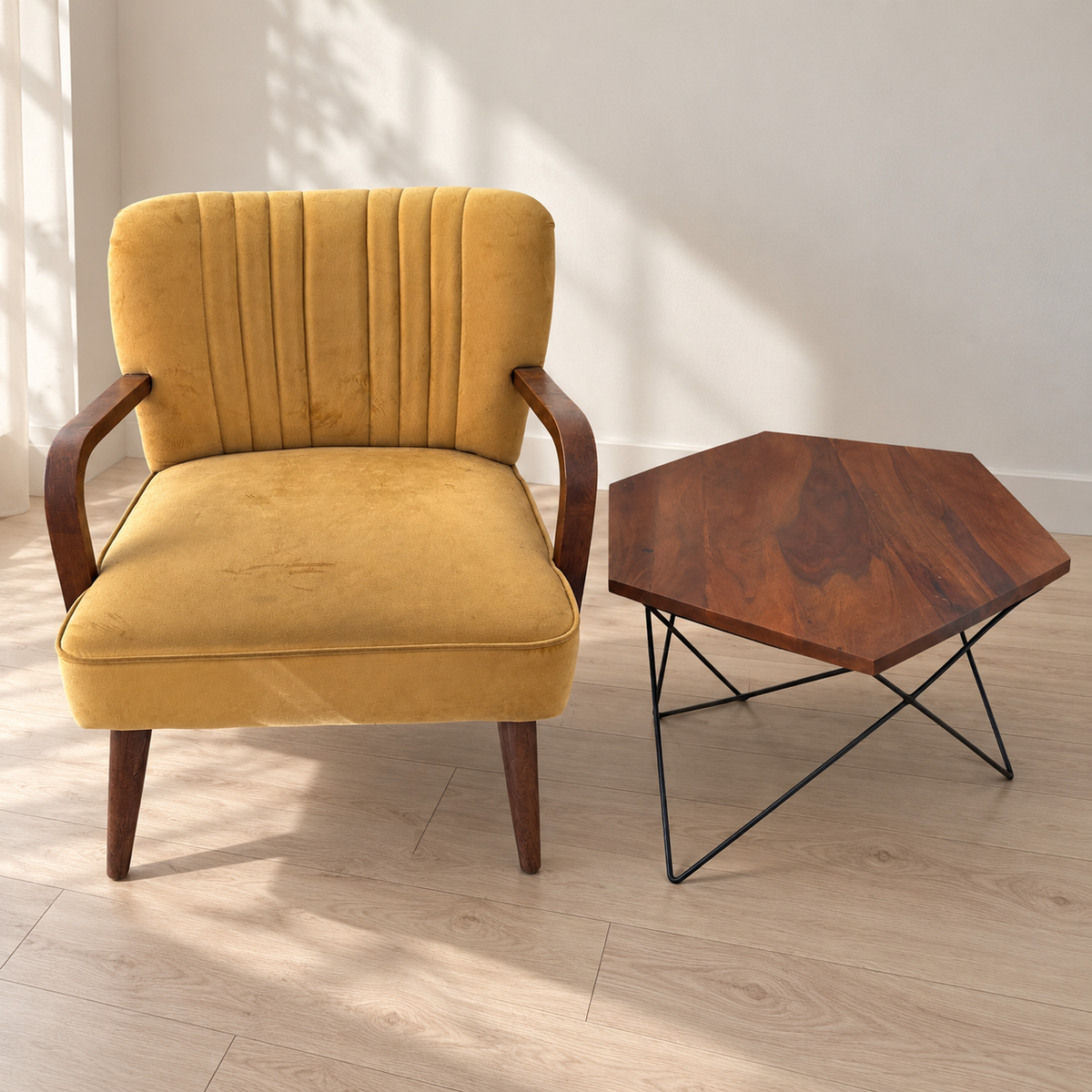 Yellow Velvet Lounge Chair with Hexagonal Coffee Table - faithful resale hero