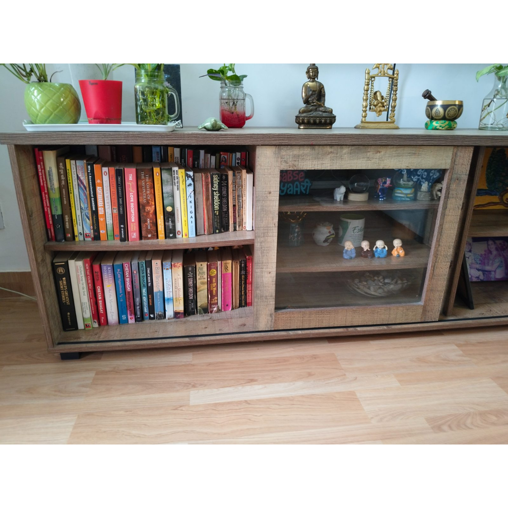 Wood-Finish TV Cabinet with Sliding Glass Door - used living room in Delhi - photo 2