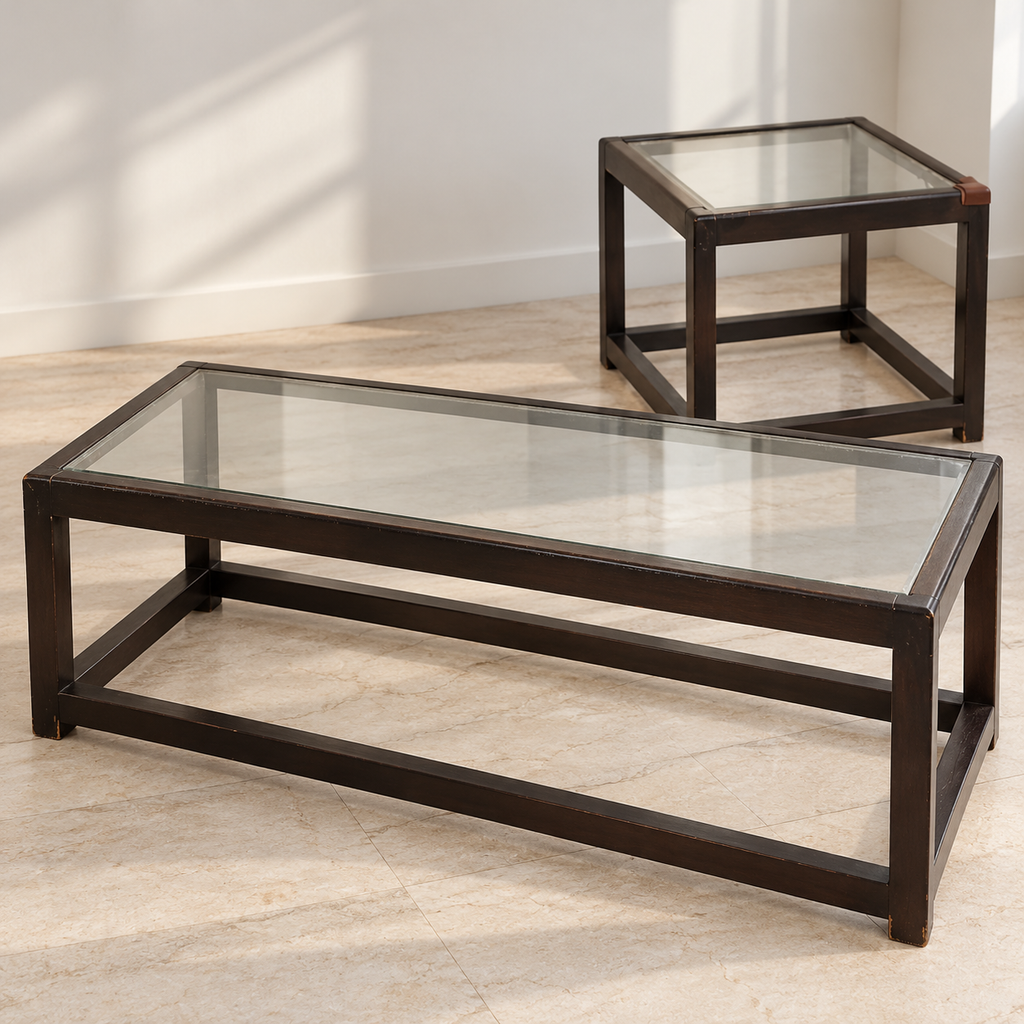 Teak Wood Glass-Top Centre and Side Table Set, photographed wear preserved