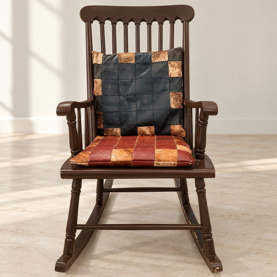 Teak Wood Rocking Chair with Cushions, photographed wear preserved
