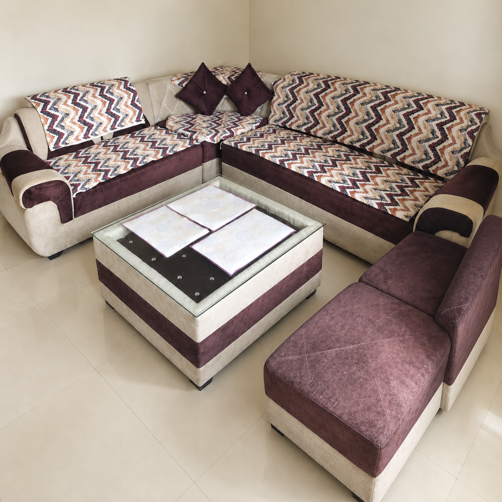 9-Seater Sofa with Glass-Top Centre Table, original wear and construction preserved