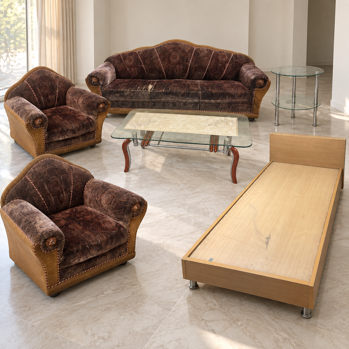 Sofa Set, Single Bed, Glass Table and Stand Bundle, photographed wear preserved