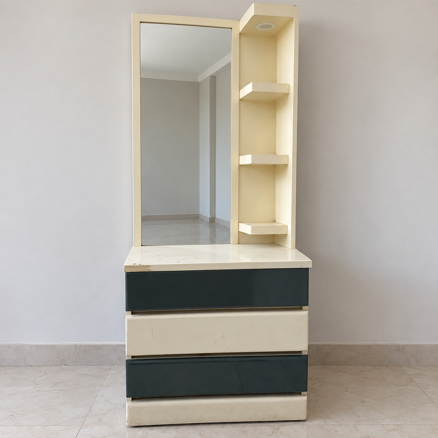 Cream and dark green dressing table with mirror, drawers and shelves, surface wear preserved