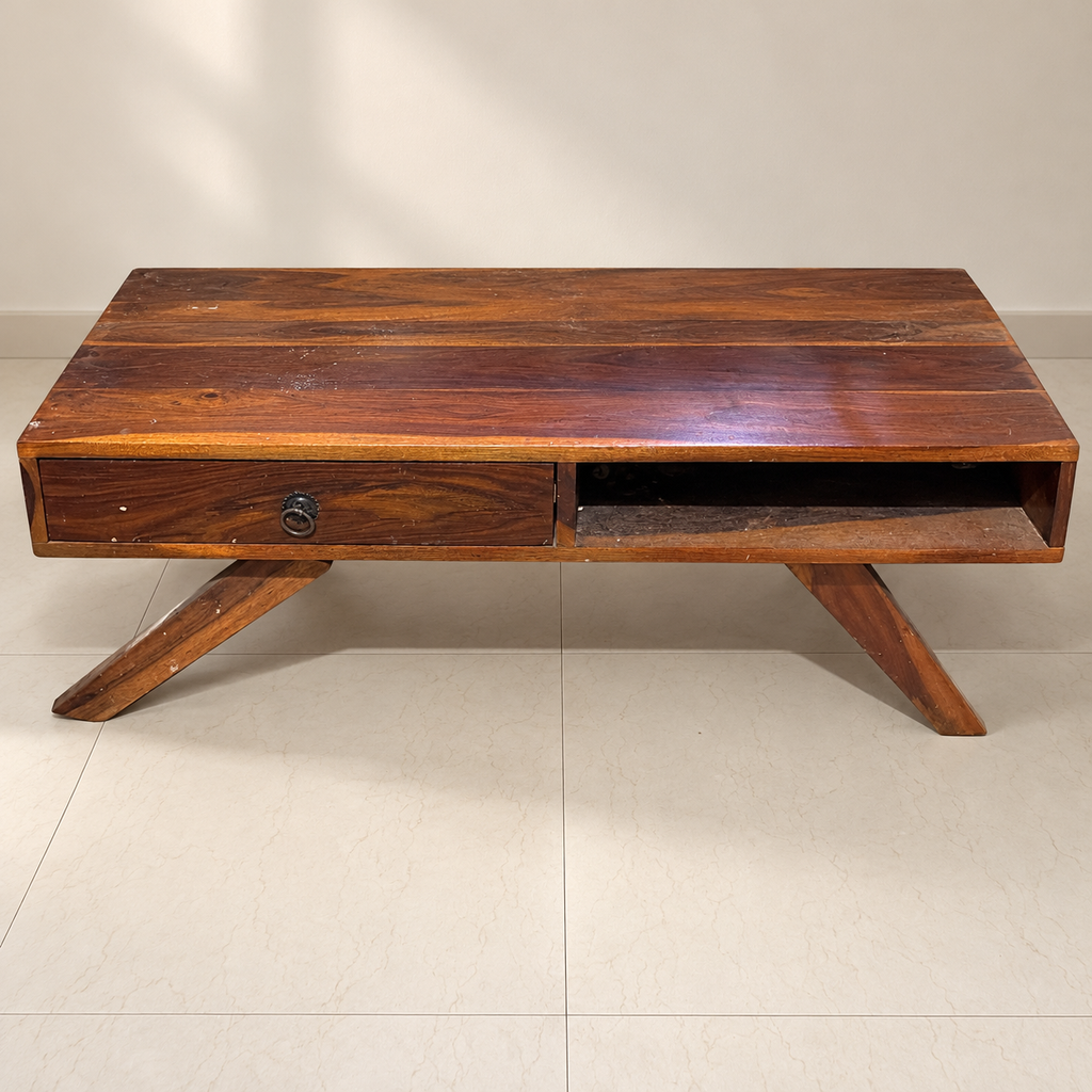 Wooden Coffee Table with Drawer, Broken Leg - hero