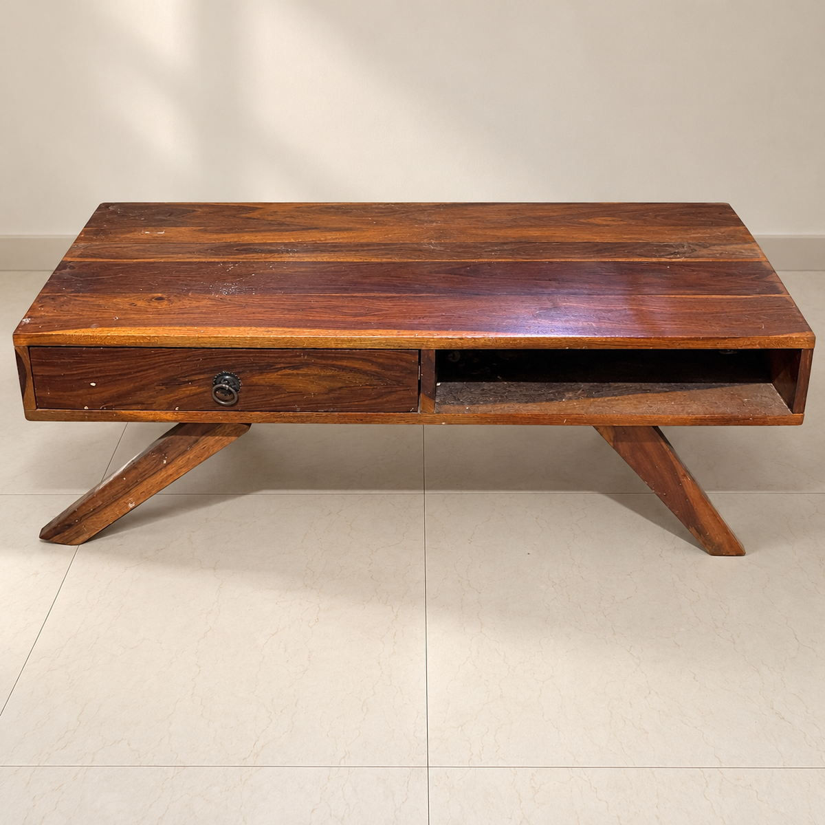 Wooden Coffee Table with Drawer, Broken Leg - hero