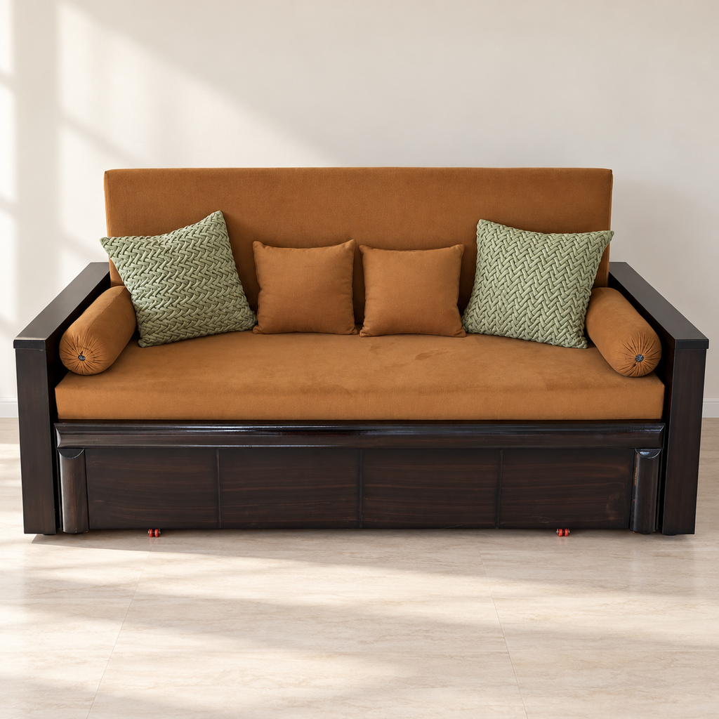 Tan Upholstered Sofa Bed with Dark Frame - hero