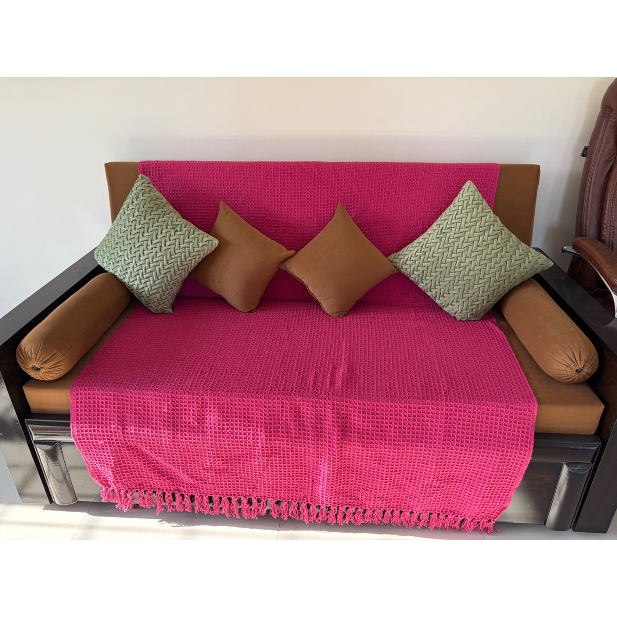 Tan Upholstered Sofa Bed with Dark Frame - photo 1