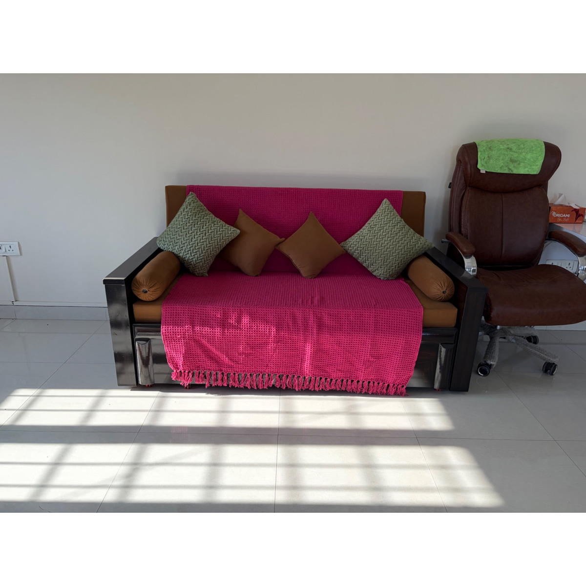 Tan Upholstered Sofa Bed with Dark Frame - photo 2