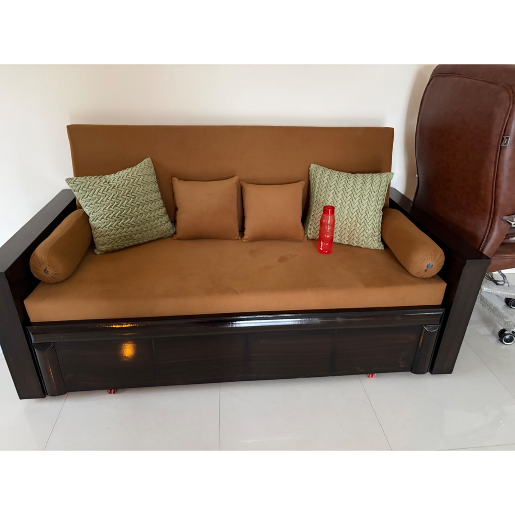 Tan Upholstered Sofa Bed with Dark Frame - photo 3