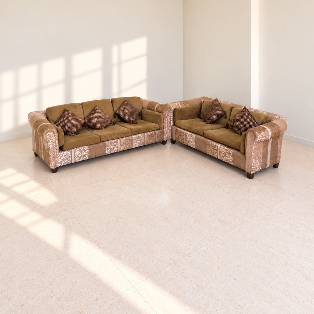 3+2 fabric sofa set with visible creasing and wear