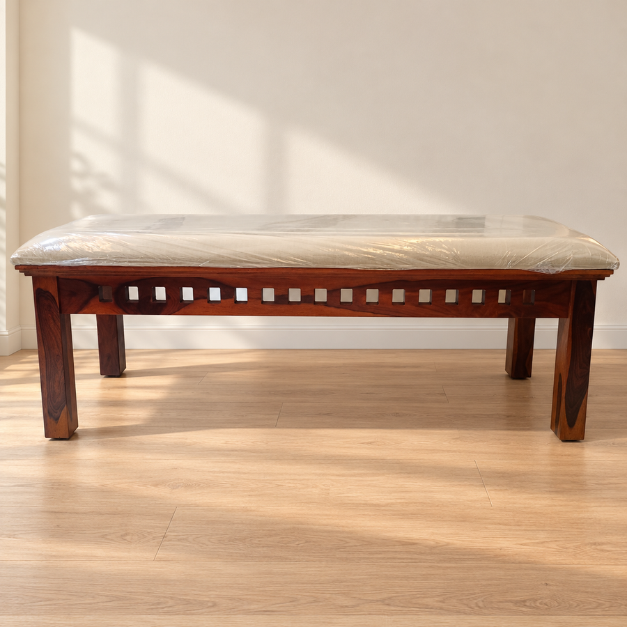Wooden Street dining bench with wrapped cream seat