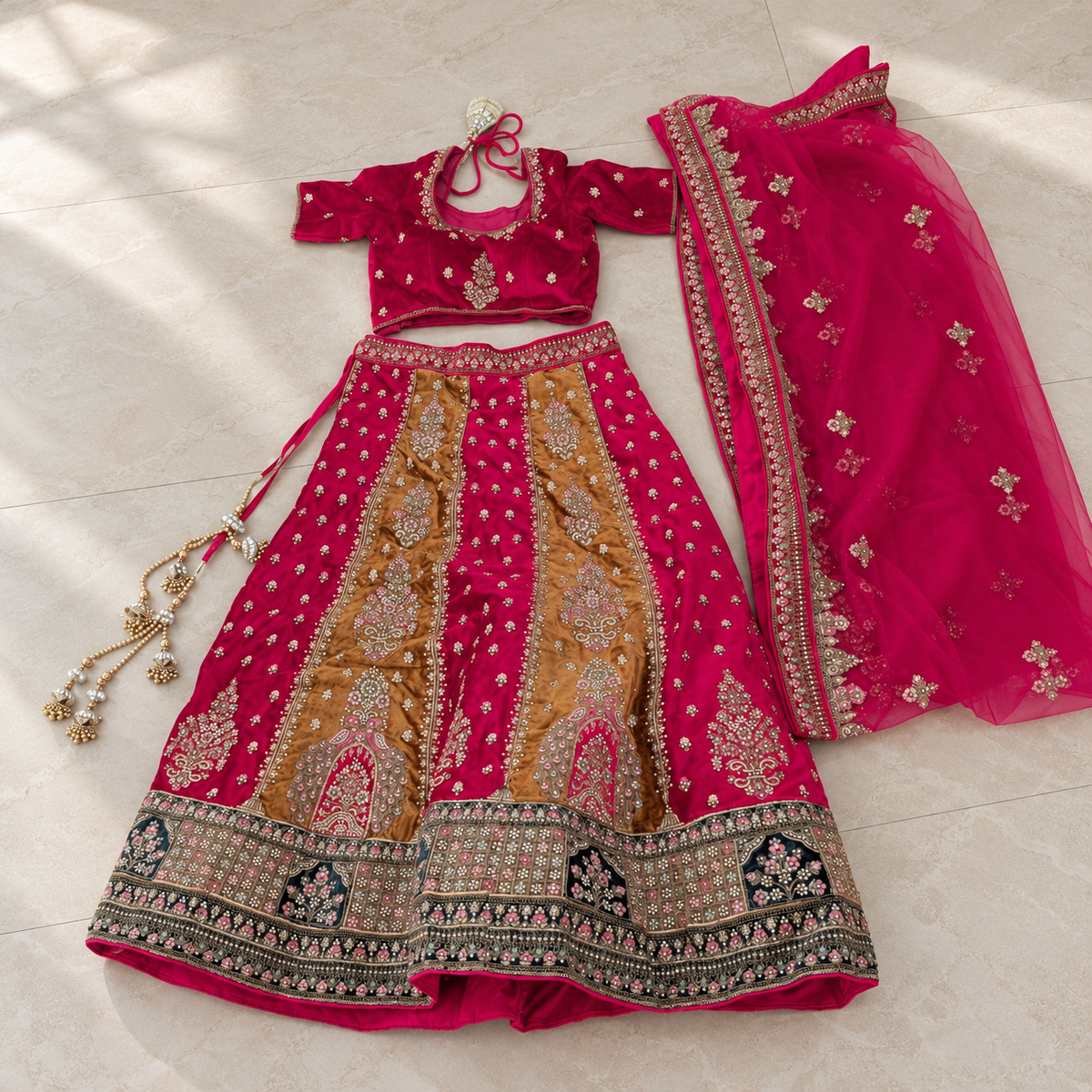 Red and Gold Embroidered Lehenga Set - Like New - Noida
