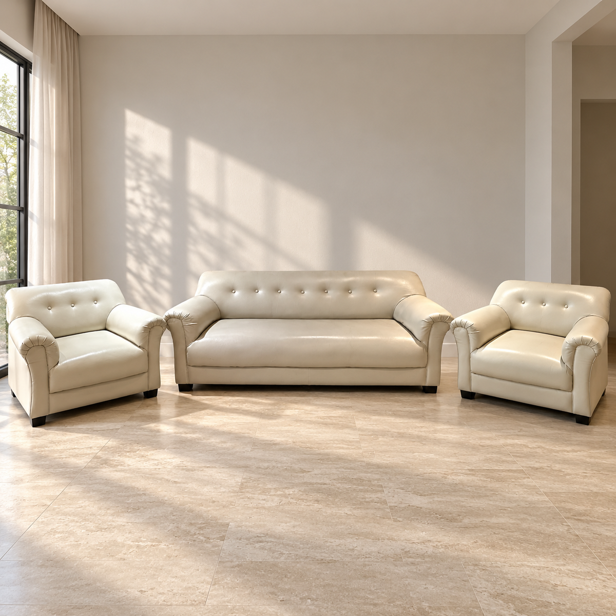 3+1+1 Cream Leatherette Sofa Set - Regularly Used - Gurugram