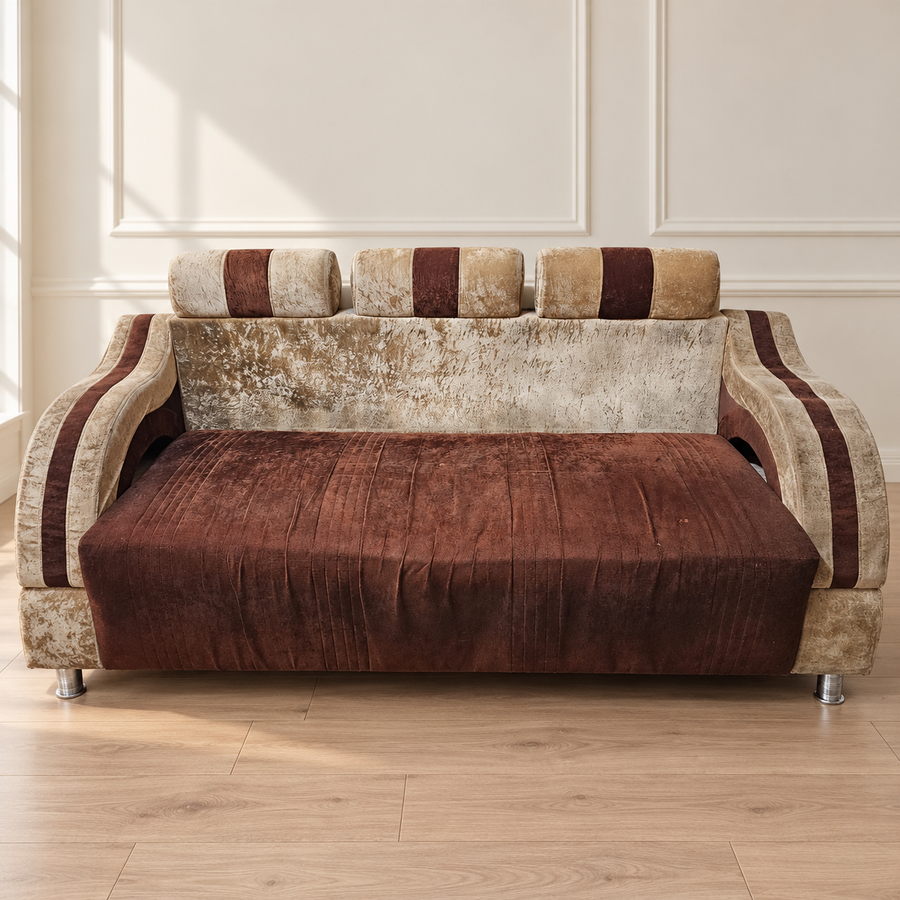 3-Seater Brown and Beige Fabric Sofa - Regularly Used - Delhi