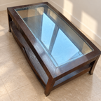Rectangular Glass-Top Coffee Table with Lower Shelf, pre-owned with photographed wear, giveasy hero