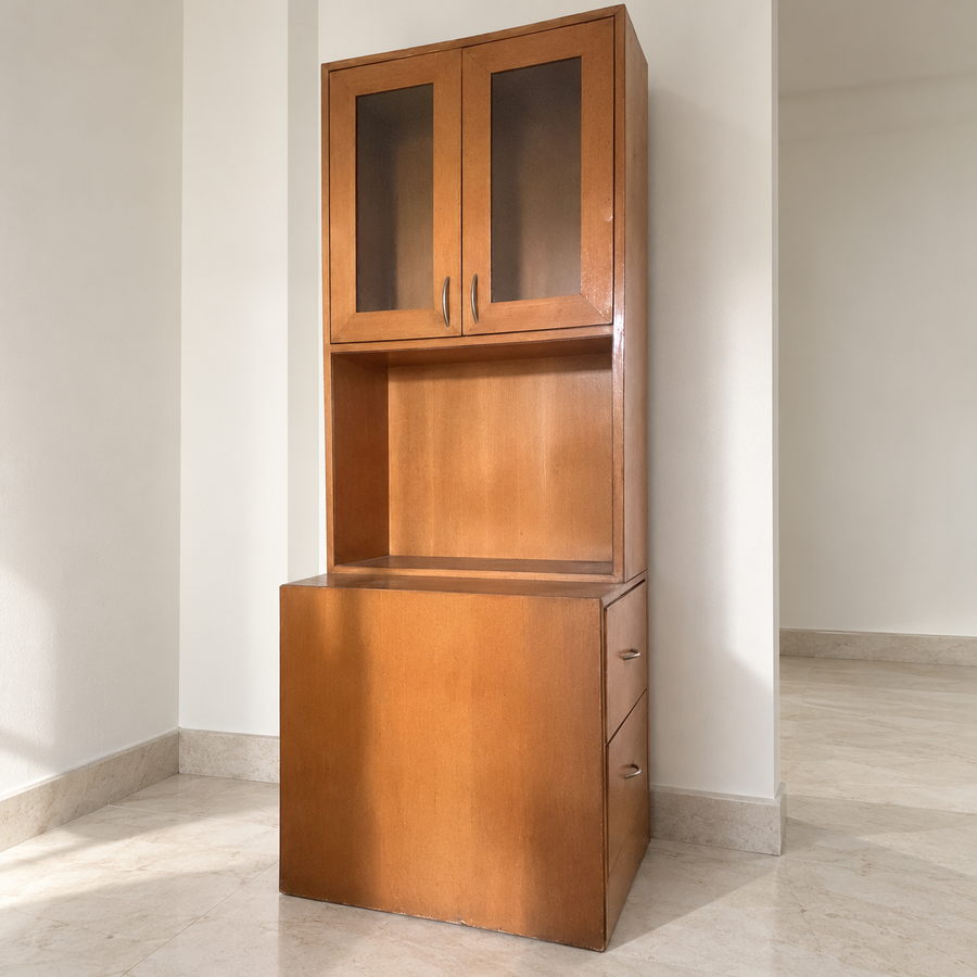 Tall Wooden Display Cabinet with Glass Doors and Drawers, pre-owned with photographed wear, giveasy hero