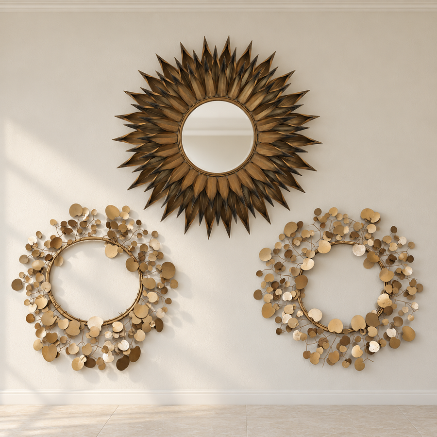 Metal Sunburst Mirror with Two Floral Wall Rings, pre-owned with visible condition, giveasy hero
