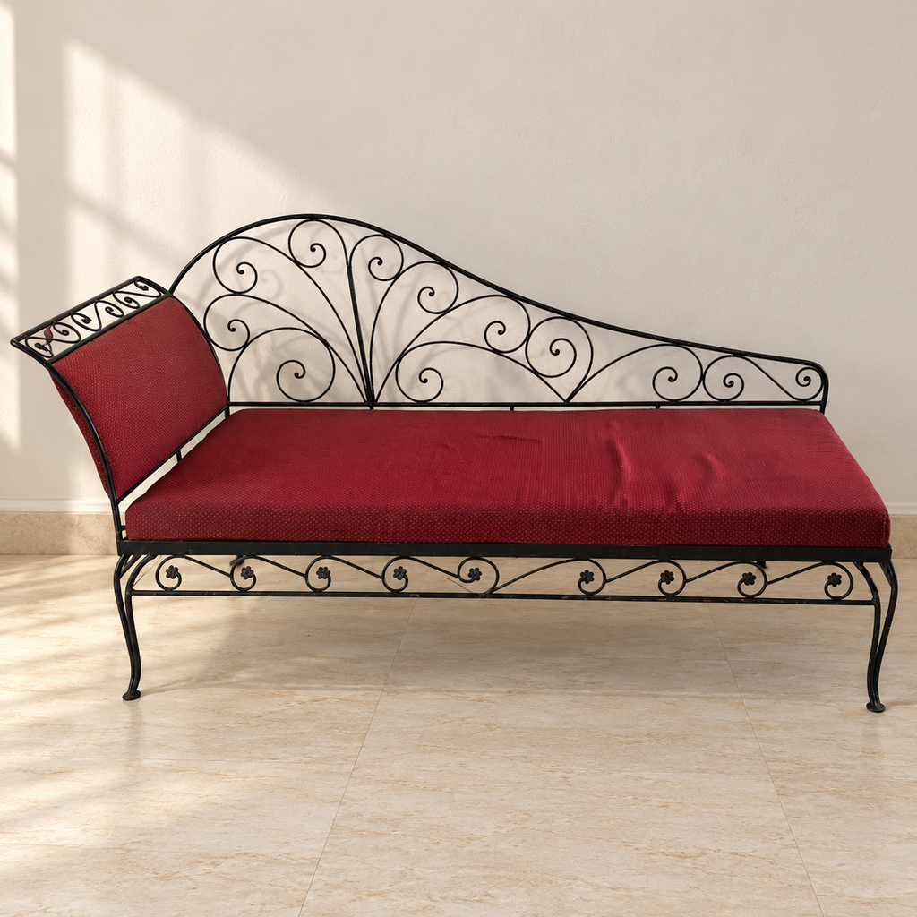 Wrought Iron Diwan with Maroon Cushion, pre-owned with visible wear, giveasy hero