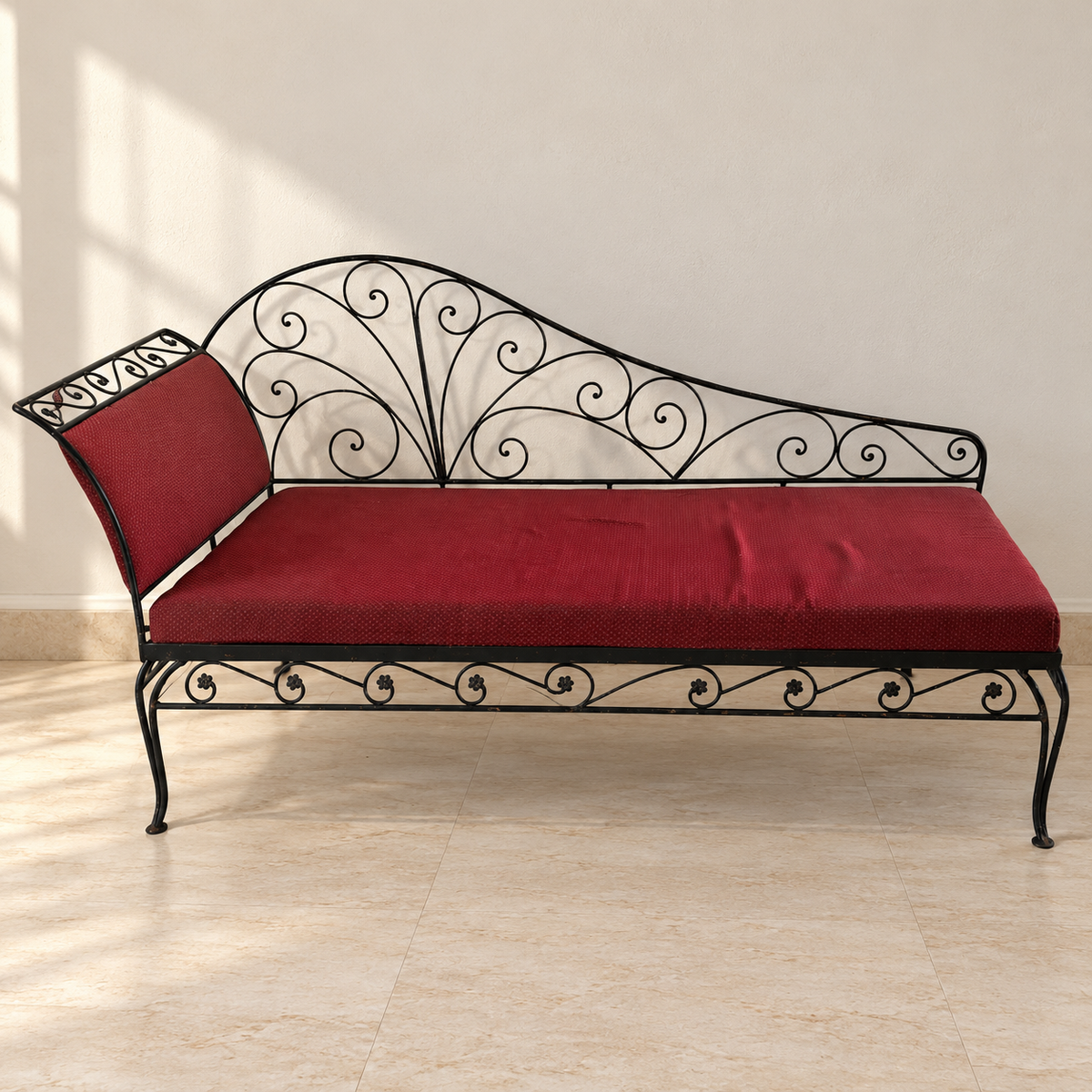 Wrought Iron Diwan with Maroon Cushion, pre-owned with visible wear, giveasy hero