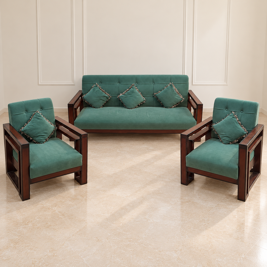 Green Wooden Sofa Set, 3+1+1, pre-owned with visible condition, giveasy hero