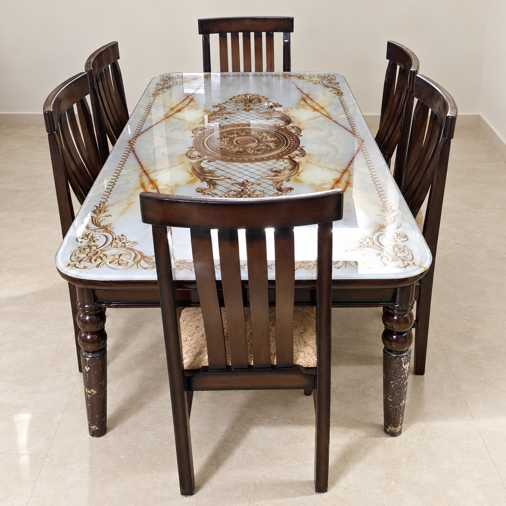 Wooden Six-Seater Dining Set with Glass-Top Table, pre-owned with photographed wear, giveasy hero