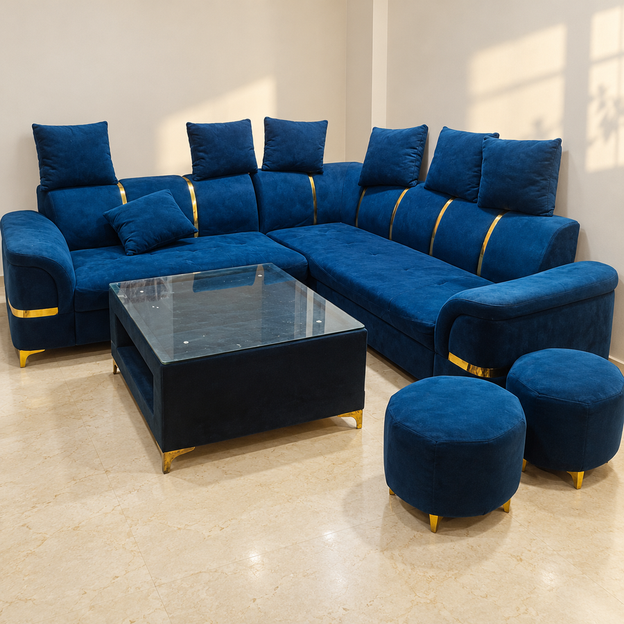 Blue L-Shaped Sofa Set with Two Ottomans and Centre Table, pre-owned with visible condition, giveasy hero