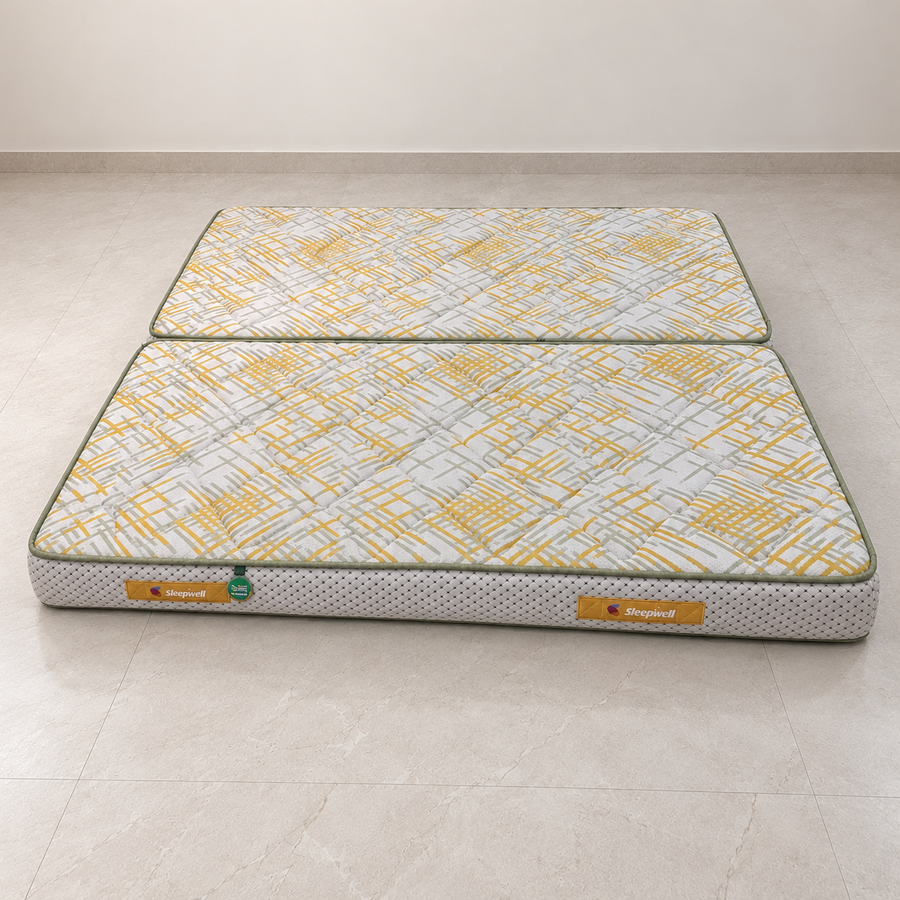 Sleepwell mattress pair with yellow patterned covers, pre-owned, giveasy hero