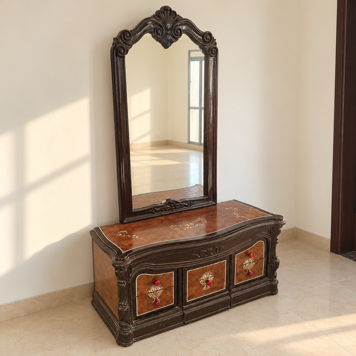 Carved Wooden Dressing Table with Mirror and Stool - hero