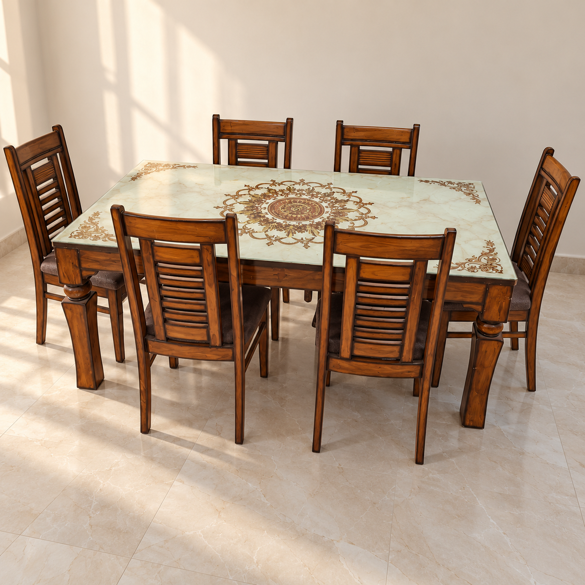 Glass-Top Six-Seater Dining Table with Cushioned Chairs - pre-owned item in Delhi - hero