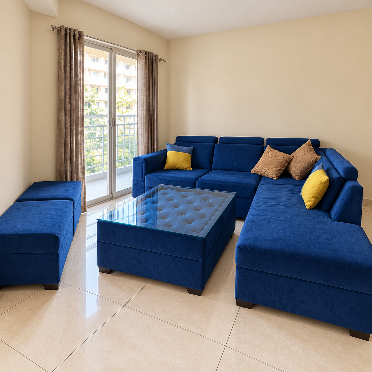Blue Velvet L-Shaped Sofa with Table and Two Ottomans - pre-owned item in Gurugram - hero