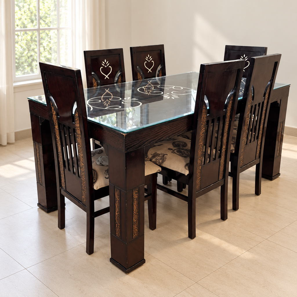 Glass-top wooden dining set with 6 cushioned chairs - hero