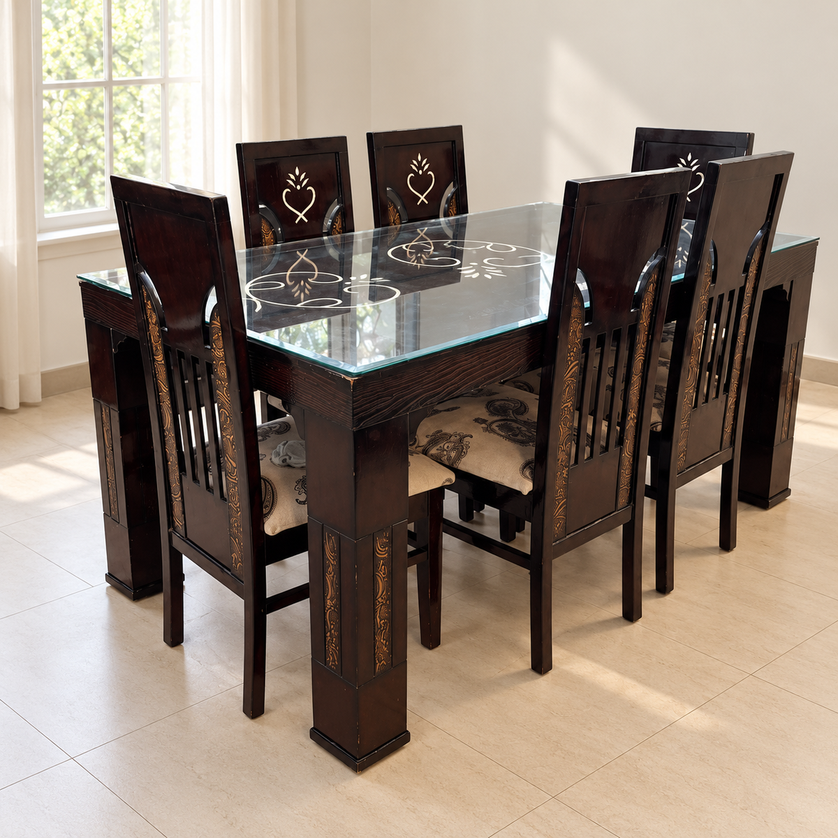 Glass-top wooden dining set with 6 cushioned chairs - hero