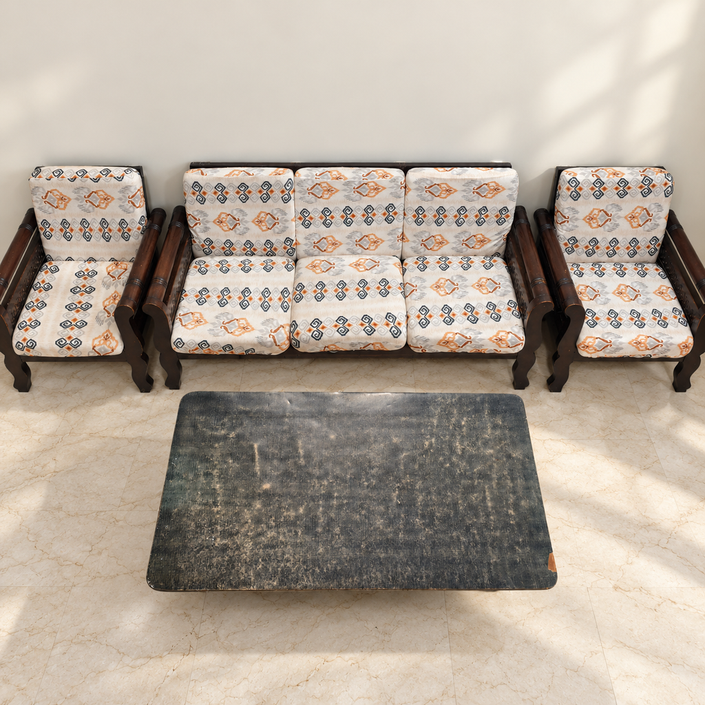 Wooden sofa set with worn centre table - giveasy hero