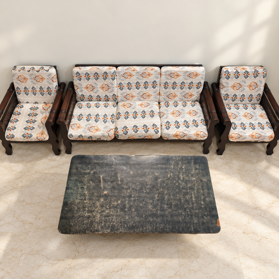 Wooden sofa set with worn centre table - giveasy hero