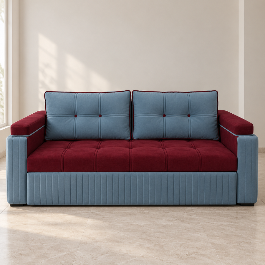 Burgundy and Blue Pull-Out Sofa Bed - giveasy hero