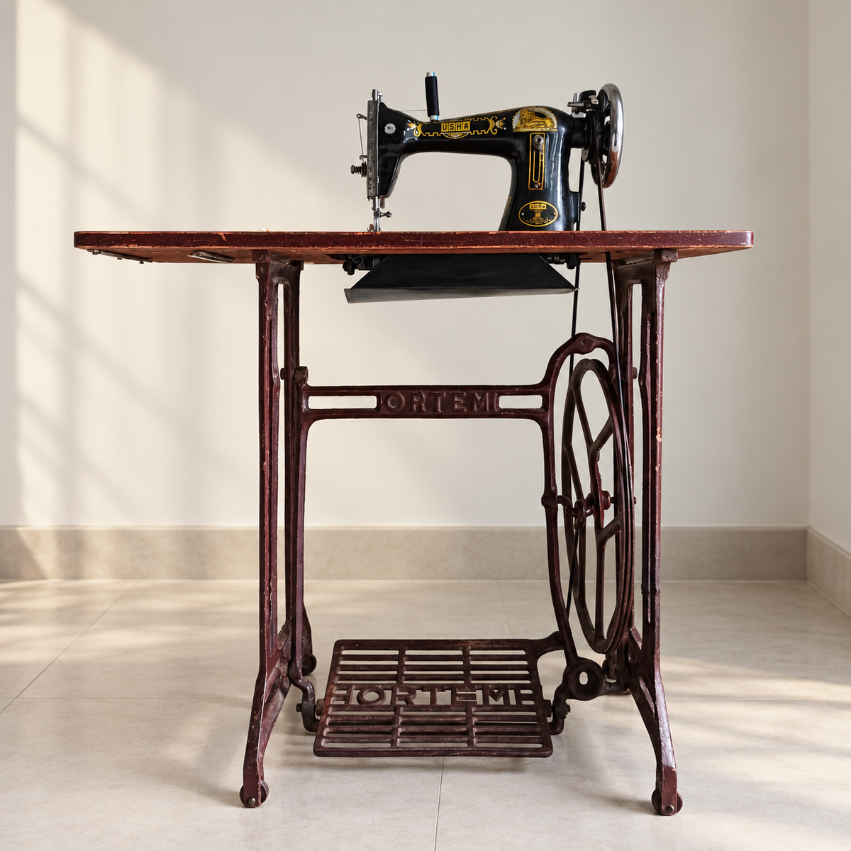 Usha sewing machine with treadle table and stand - hero