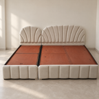 Upholstered storage bed pair, double and single - hero