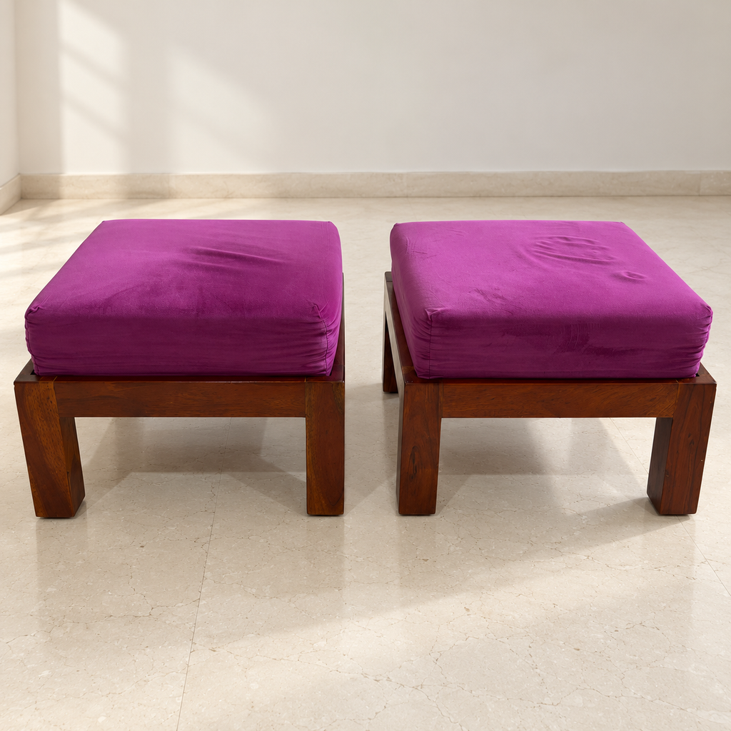 Pair of sheesham wood ottomans with purple cushions - hero