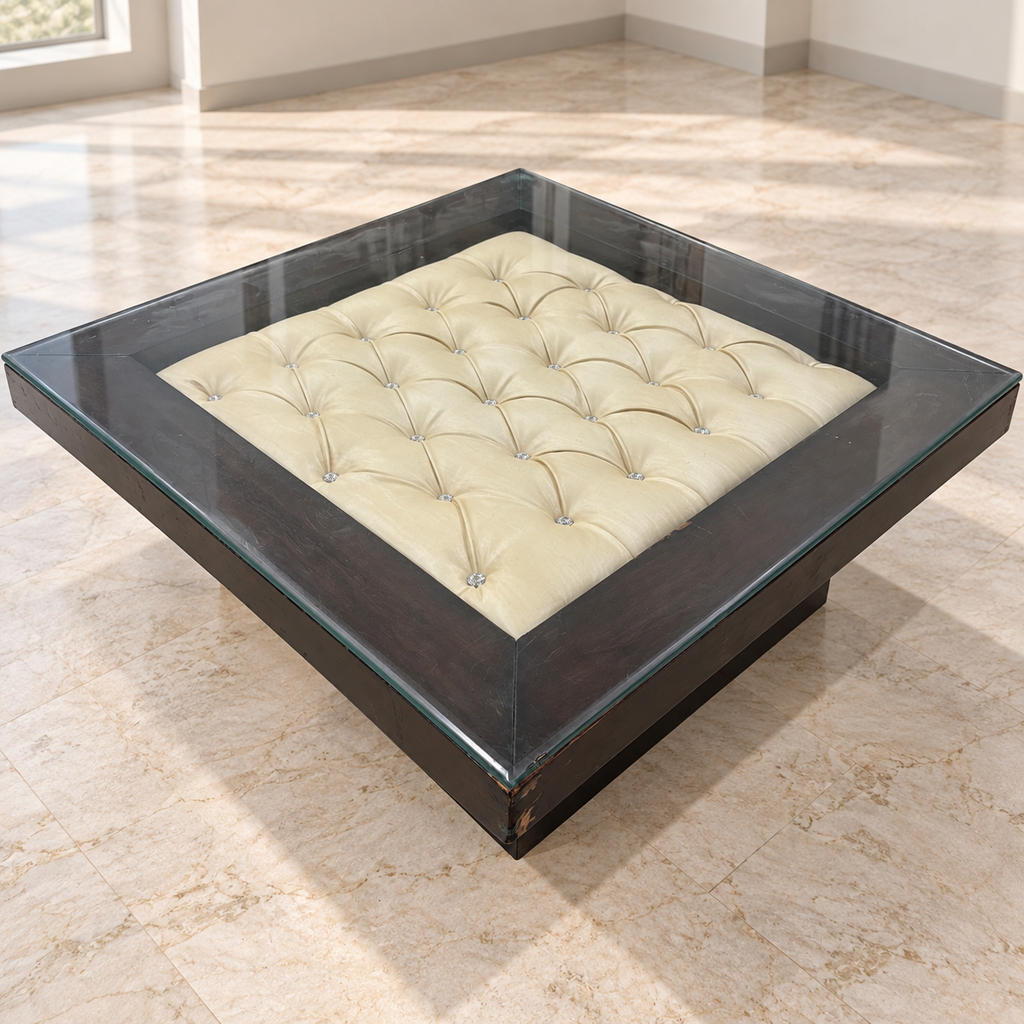 Square Glass-Top Coffee Table with Tufted Inset - Delhi