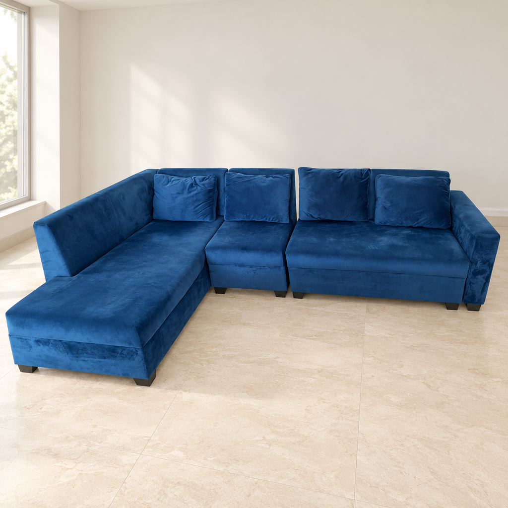 Blue Velvet 4-Seater L-Shaped Sofa - Gurugram