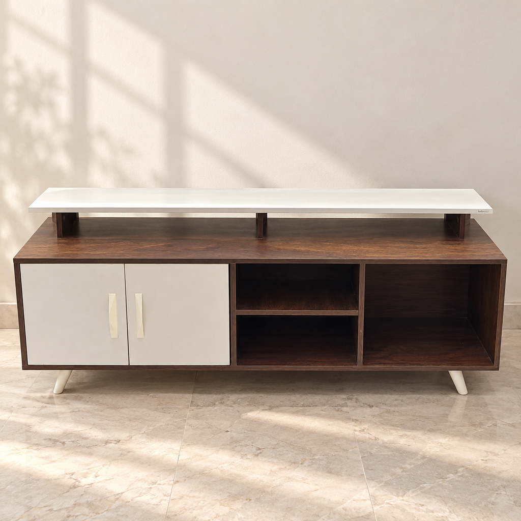 Two-Tone TV Cabinet with White Doors and Open Shelves - Lightly Used - styled hero