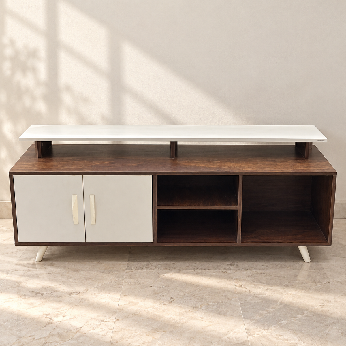 Two-Tone TV Cabinet with White Doors and Open Shelves - Lightly Used - styled hero